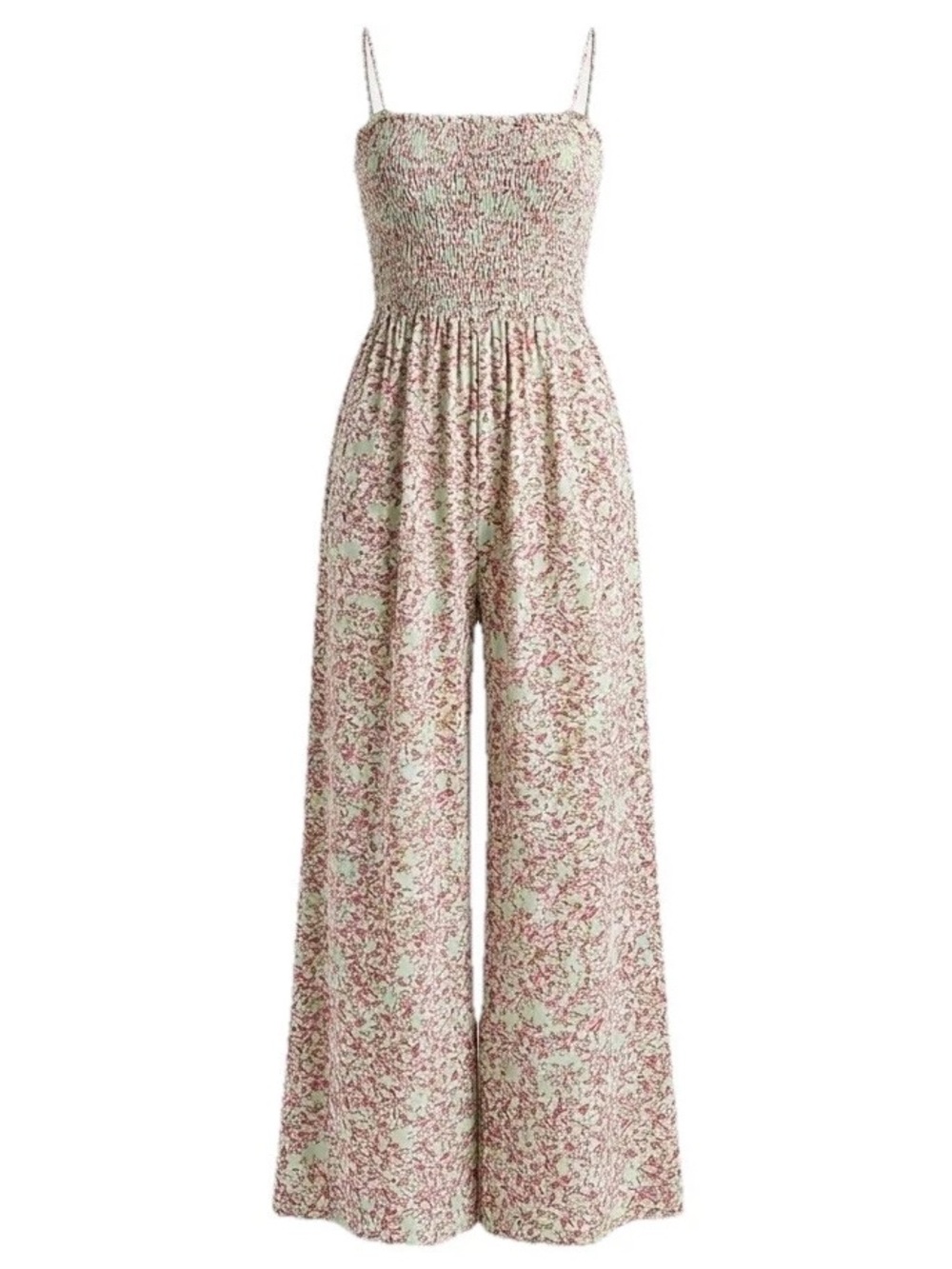 Roxy Jumpsuit Straight To Romantic Floral Smocked Wide Leg Raw Hem Beach M